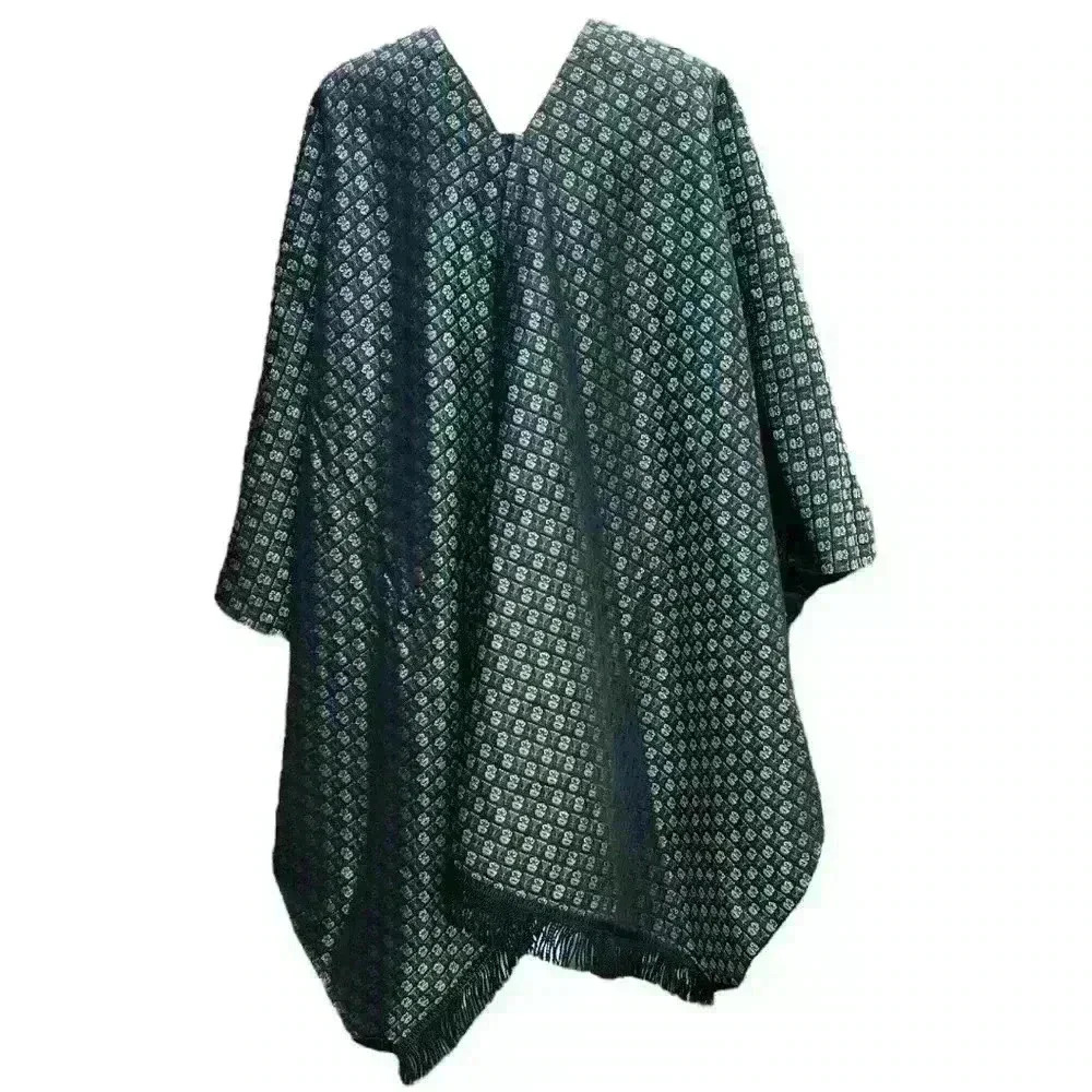 Unique fringed wrap cape with metallic green & gold indigenous figures OSFM - Picture 5 of 7